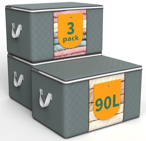 WALL QMER 3-Pack 90L Storage Bags, Storage Boxes with Lids, Closet Organizer with Handles, Foldable Under-Bed Storage for Clothes, Blankets, Pillows, and Toys, Gray
