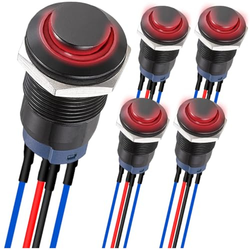 MKBKLLJY 5St. 12mm Momentary LED Push Button Switch Black Shell mit Vorverdrahtung IP65 Waterproof Push Button Switch SPST 2Position ON OFFmit roter LED für Auto Auto Marine Boot LKW Ausrüstung DIY
