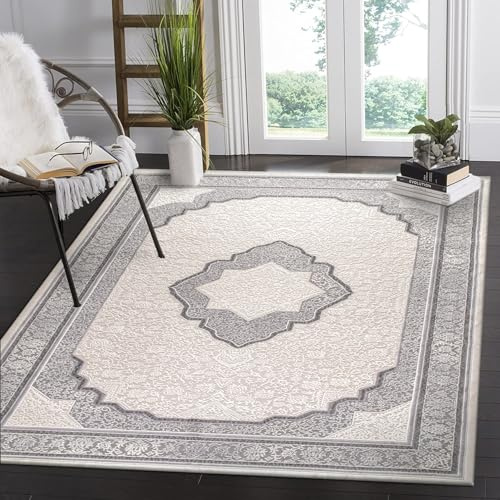 Carpetilla Designer Teppich Kurzflor,Wohnzimmer, Richmond Orientalisch Teppich Grau-Cream (200x290 cm)