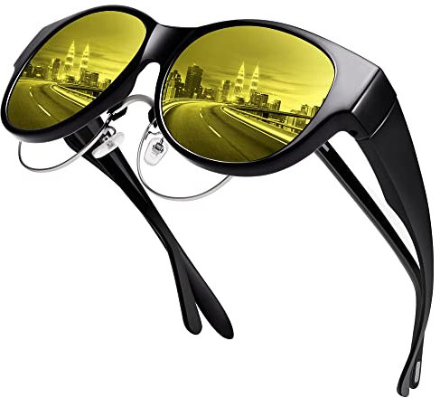 URUMQI Nachtsichtbrille für Autofahrer Damen Polarisierte Nachtbrille zum Autofahren Anti-Blendung HD Gelb Gläser Überzieh Nachtsichtbrille Ultra Leicht Katzenauge Glänzend Schwarzer Rahmen