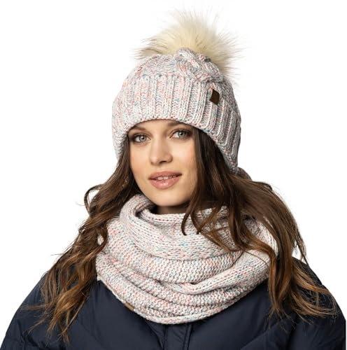 VIVISENCE Trendiger Damen Winter Set Aus Bommelmütze Und Loop-Schal Aus Wärmendem Garn Mit Innenfutter Aus Vlies Perfekte Passform Für Kalte Wintertage Modisches Design, Weiße Melange,Einheitsgröße