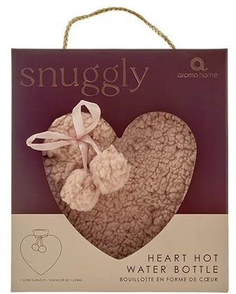 Aroma Home Heart Shaped Snuggly Pink Soft Teddy Boucle Fleece Hot Water Bottle with Pom Pom 1L Capacity