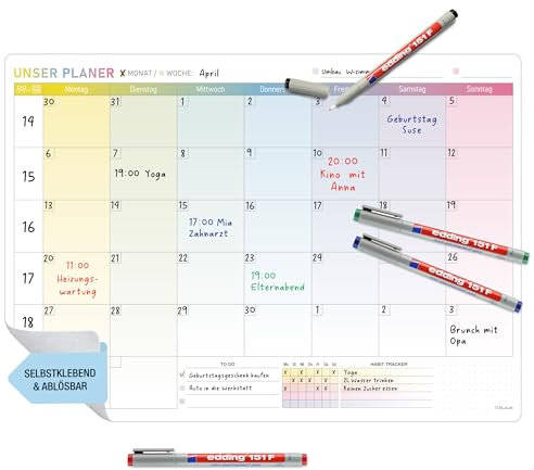 TOBJA Monatsplaner abwischbar – A3 selbsthaftender Wochenplaner mit wasserlöslichen Edding-Stiften – Kein Verwischen! – Whiteboard Planer für Wand, Kühlschrank & Tür – Familienkalender (inkl. Stifte)
