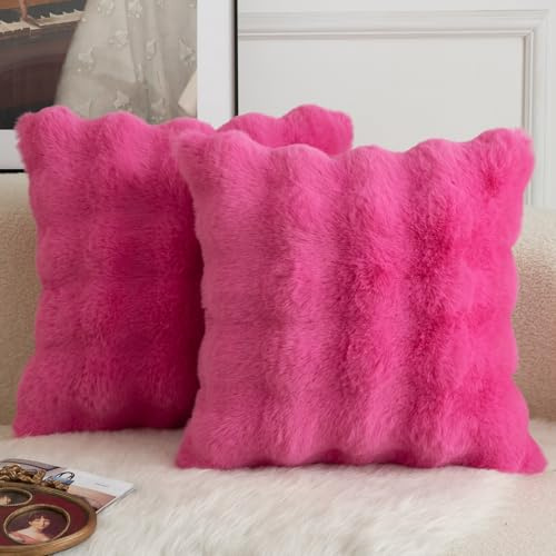 Mandioo 2er Set Luxus Dekorativ dicken Woll Kissenbezug Super Soft Wave Blase Plüschwolle werfen Kissenbezüge Zierkissenbezüge Sofakissen Schlafzimmer Kissenhülle für Sofa 50x50cm heiß pink