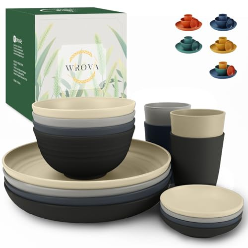 Ensembles d'assiettes et de bols Wrova 16 pièces - Ensembles de vaisselle incassables pour 4 | Ensembles d'assiettes en plastique pour le camping - Vaisselle résistante au lave-vaisselle et au