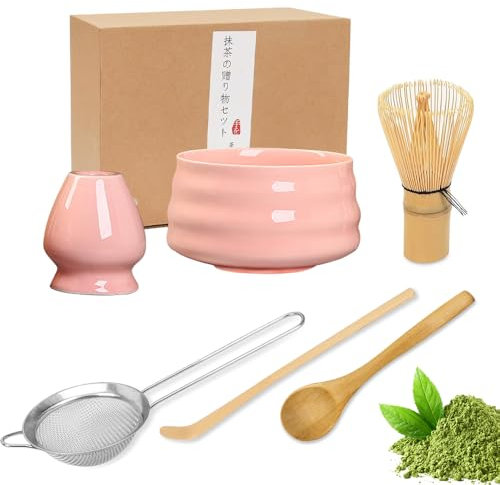 YANGUN 6Pcs Matcha Whisk Set, Matcha Tea Set with Bamboo Whisk, Ceramic Bowl, Scoop & Holder, Complete Matcha Making Kit, Reusable Matcha MakingKit for Traditional Japanese Tea Ceremony,Pink (Style 1)