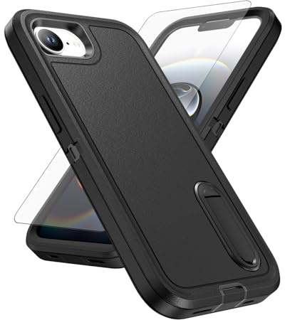 Schutzhülle für iPhone 16e/SE 2025/SE 4, mit Displayschutzfolie, Hybrid-Hülle, versteckter Ständer, robust, stoßfest, robust, schützend, für iPhone 16e, i16e, 16e, SE4, 4. Generation 16eCase, Schwarz
