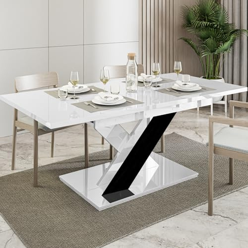 White & Black Extendable Dining Table, 6-8 Seater, 140-180 cm, BRONX | 6ft Modern Dining Table, Seats 6-8 People, Table Only – No Chairs, Kitchen Table, High Gloss Effect, Space-Saving Design