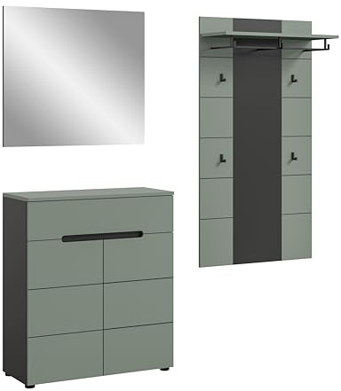 xonox.home - Garderobenkombination Canu 3tlg. 175x190x37 cm in Korpus Basalt grau Nb., Front Smoke Green Nb. - Garderobenschrank Garderobenmöbel Flurmöbel-Set Flursystem Stauraumlösung
