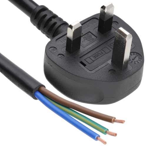 kenable UK Mains Power Cable 13A Fused Plug to Bare Ended Stripped Wires 1.5mm² 3 Core Flex Lead 5m Black