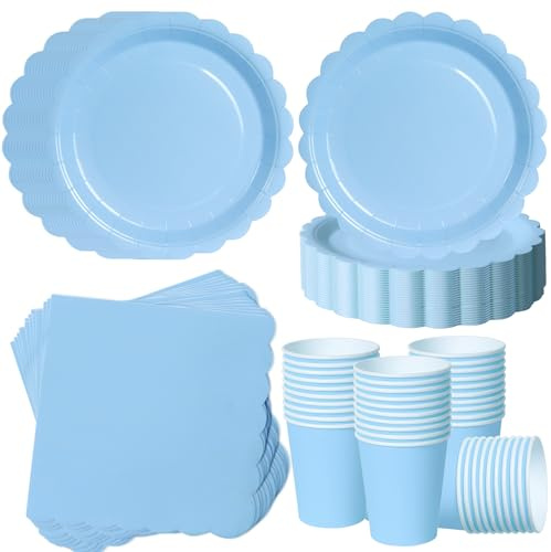 ZblPyro 120 Stück hellblau Partygeschirr Set für 40 Gäste | 18cm Pappteller hellblau, Wellenschliff,Pappbecher,Servietten, für Baby Shower Junge,Poolparty,Kindergeburtstag,Sommerfest
