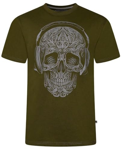 Kam Plus Size Crackle Skull Print T-Shirt for Men in Dark Olive, 6XL