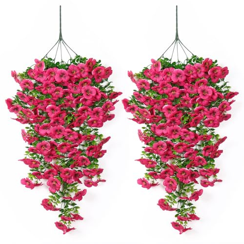 DEMIUKO 2PCS Artificial Hanging Flower Outdoor Pansy Trailing Plant Magenta | Faux Outdoor Flowers, Artificial Hanging Plants, Silk Flowers, Fake Hanging Baskets Decor for Home Garden Balcony Fence
