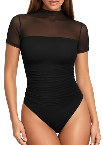 ALGALAROUND Women's Mock Turtle Neck Sheer Mesh Bodysuit Tops UK Black M