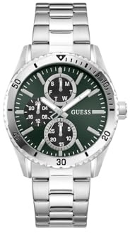 Guess Velocity, Herren Armbanduhr, Quarz Analog, Edelstahl, 43mm, Edelstahlarmband, Silber, 5 bar, Zifferblattfarbe: Grün, Datumsanzeige, GW1061G1