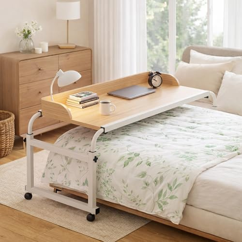 Mvellir Betttisch auf Rollen, Höhen & Weitenverstellbar, Robuster Metallrahmen, Verbreiterte Tischplatte mit Rand, Laptoptisch, Rolltisch für Bett & Sofa (Eichenfarbe)