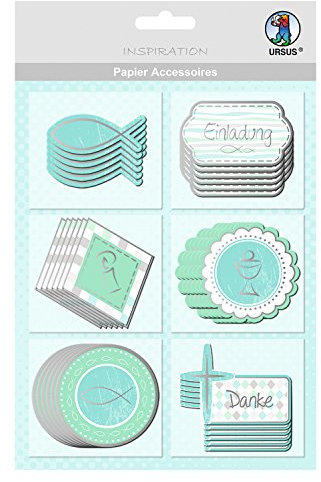 Ursus 56500069 - Papier Accessoires Jesus, aqua, 36 Stück in 6 verschiedene Motiven, einseitig bedruckt und veredelt, ideal zur Verzierung von Karten, Scrapbooking und Geschenken