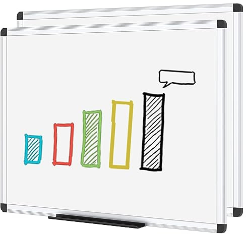 VIZ-PRO Magnetic Whiteboard with Silver Aluminium Frame, 100x80 cm, 2 Pack | Dry Erase White Board with Marker Tray, Dry Wipe Writing Board for Office, Home, School & Classroom