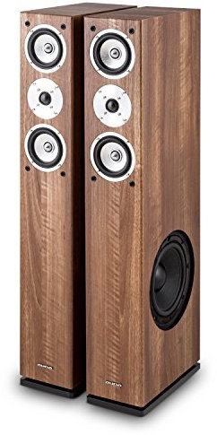 Auna Linie 501 - Altavoces de Torre pasivos, Rendimiento RMS 140 W, Potencia máx. 280 W, Subwoofer, Frecuencias Medias agudas, Revestimiento de Aluminio, Carcasa de Madera, Cubierta extraíble, Marrón