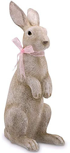 große Deko Hasen Figur Kunststein 48.5 cm - sitzender Osterdeko Hase mit rosa Schleife & Fell-Optik - braune XXL Polyresin Osterhasen Frühjahresdeko zum hinstellen