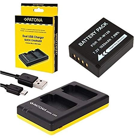 2in1-SET für die Fujifilm X-T3 / T3 Systemkamera - Akku für Fuji NP-W126s / NP-W126 + Dual Ladegerät (Laden Sie 2 Akkus via USB-Anschluss auf einmal)