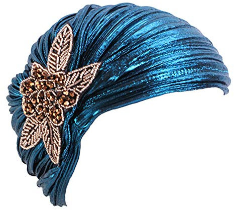 MoreChioce Damen Indische Turban,1920s Vintage Kopftuch mit Kristall Retro Turban Hut Glitzer Headwrap Elastische Kopfbedeckung Kopf Wraps,Blau
