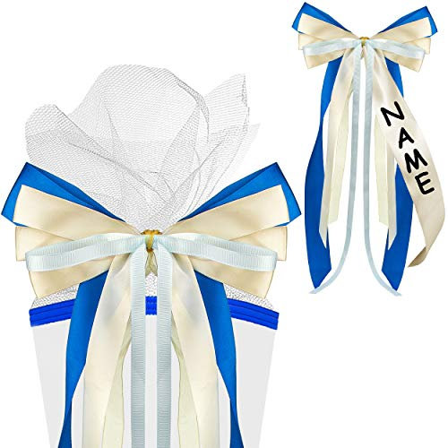 alles-meine.de GmbH große 3D Effekt - Schleife - für Schultüte - blau & Creme - inkl. Name - 22 cm breit u. 58 cm lang - mit edlen Satin Bändern + Tüllband + Zahlenband - für Ges..