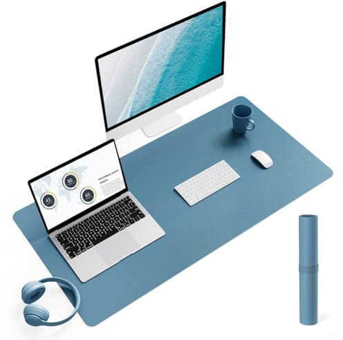 YSAGi Schreibtischunterlage, Mauspad mit Leder und Rutchfeste Wildleder, Multifunktionales Office Mousepad Laptop Schreibunterlage, Tisch-Schutz Unterlage für Büro/Home-Office (Azurblau, 90x43cm)