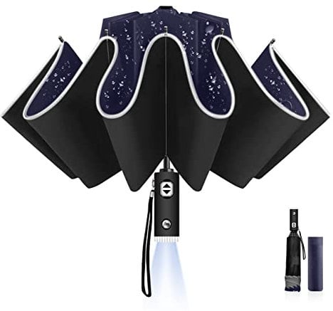 LAMA Paraguas Plegables, Paraguas Invertido Resistente al Viento, Apertura Automática/Cierre Automático, Anti-UV, Compacto, Paraguas de Viaje Portátil con Rayas Reflectantes para sol de Lluvia