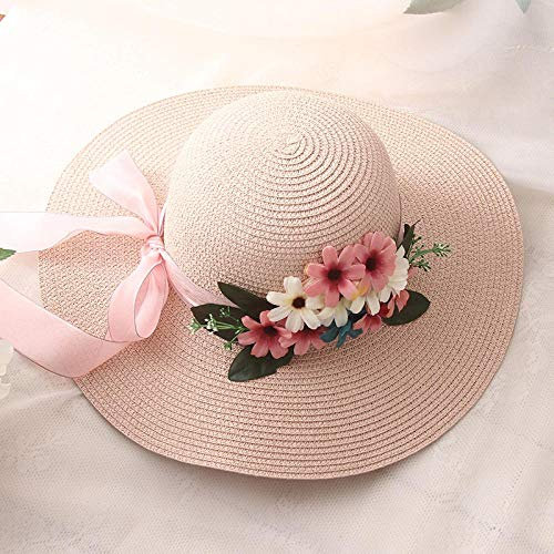 Sonnenhut Strohhut Hut Damen Crochet Flower Straw Hat Damenbogen Sun Hat Lace Beach Cap Sunhat-Bare_Powder_Size_ (56-58Cm)
