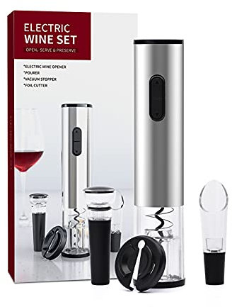 Electric Wine Bottle Opener Set Powered Cork Remover Kit Battery Operated Wine Opener Kit Automatic Corkscrew Set with Vacuum Stopper Wine Aerator Pourer Attached Foil Cutter (Silver )