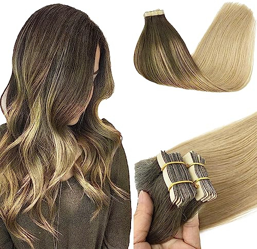 GOO GOO Tape in Hair Extensions human hair, tape Hair Extensions, 24inch 50g 20pcs, Human Hair Extensions, 4/18 Chocolate Brown Highlighted Dirty Blonde