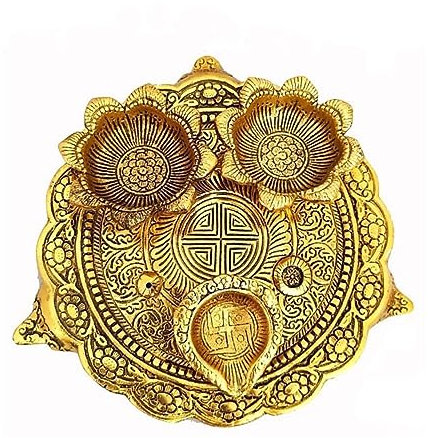 Aluminium Golden Color Plate for Puja Diwali Gift Items Deepawali Decorations Indian Dhanteras Pooja Statue Thali (Diya Plate-Golden)