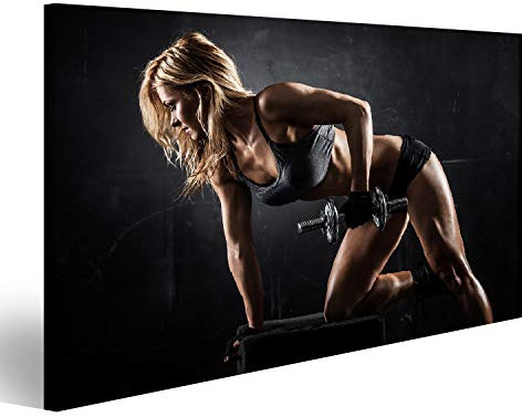 Bild auf Leinwand Fitness Hanteln Brutal Athletische Frau Aufpumpen Muskeln Wandbild Poster Kunstdruck Bilder 100x57cm