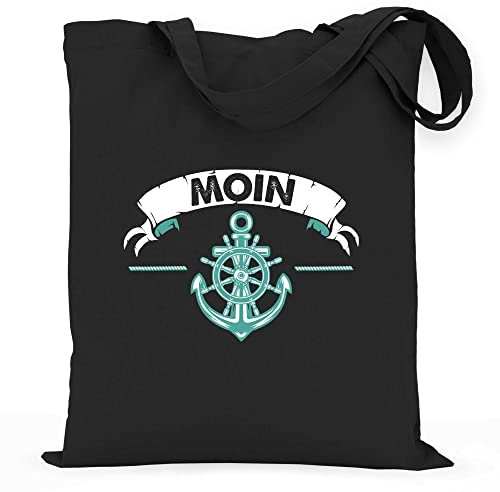 wowshirt Stoffbeutel Jutebeutel Moin Plattdeutsch Nordsee Segeln Segler Skipper Angler Bootsfahrer Kapitän, Farbe:Black