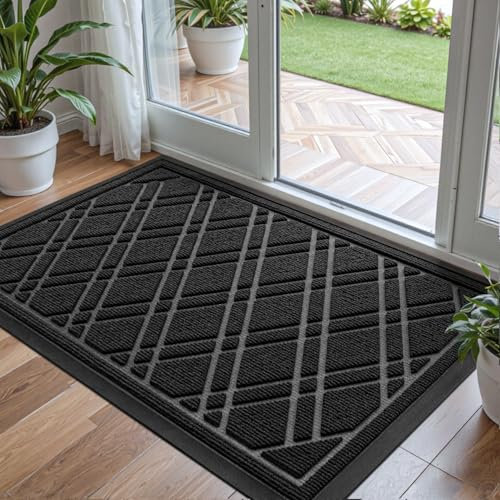 DEXI Fußmatte Außen 60 x 90 cm, rutschfest Fussmatte Waschbar Schmutzfangmatte für Haustür, Robuster Fußabtreter Eingangsteppich Wetterfest Türmatte für Eingang, Aussen und Innen, Geometrisch-schwarz