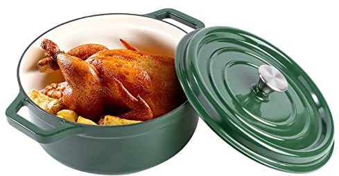 Miereirl Cocotte en fonte émaillée avec couvercle, 6,5 l avec deux poignées pour la cuisson du pain, la cuisine, batterie de cuisine avec revêtement émaillé anti-adhésif (vert)