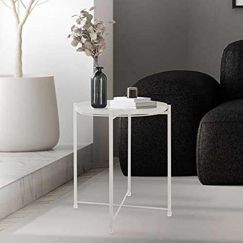 ML-Design Beistelltisch rund Ø45 x H52 cm aus Metall, Weiß, Couchtisch mit abnehmbarem Tablett, klappbar, stabil, standsicher, Wohnzimmertisch Sofatisch Kaffeetisch Nachttisch, für Getränke, Snacks