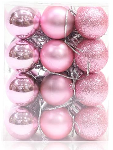 Lot de 24 boules de Noël incassables de 30 mm - Mini boules de Noël à suspendre pour sapin de Noël, vacances, mariage, décoration de fête - Rose