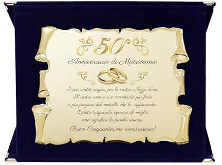 Targa Cinquantesimo Anniversario di Matrimonio | Elegante Regalo 50° Nozze d'Oro | Targhetta Pergamena dorata su cofanetto in velluto (Blu e Dorato, 50)