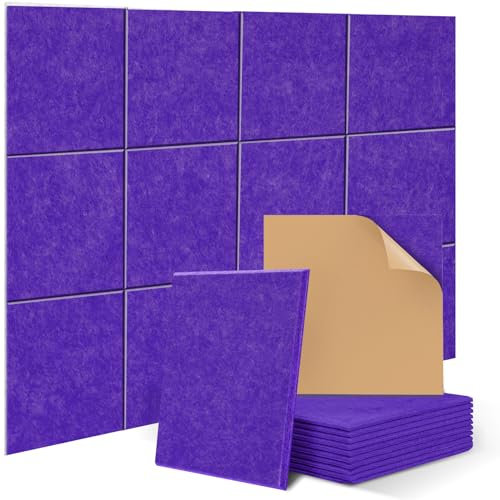 Akustikpaneele selbstklebend quadratisch 12St. JAMELO Akustikplatten aus Polyester zur Schalldämmung, 30 x 30 x 1 cm Schallabsorber Schallschutz für die Wand Decke Tür vom Studio Büro Lila