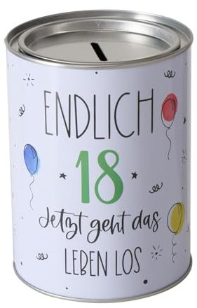 ReWu Spardose Sparschwein Schriftzug Endlich 18, Jetzt Geht Das Leben Los - Deckel abnehmbar - Wiederverwendbar Metall Sparbüchse Geldgeschenk Geschenkidee Geldspardose Metallspardose 14 x 10 cm