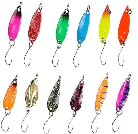 Fishing Forellen Spoon Set 12 Stück,Trout Spoon Forellenblinker Einzelhaken Set,Forellenköder, Spinner Angelköder,Angelzubehör Spinner Blinker Set zum Forellen Angeln Spoons Forelle Barsch Lachs Hecht
