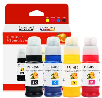 Ink Bottle PFI-050 Pigment Ink Tank 70ML (4-Pack, Black Cyan Magenta Yellow) PFI-050 PFI-050 Ink Cartridge Replacement for Canon imagePROGRAF TC-20 TC-20MFP Large Format Printer