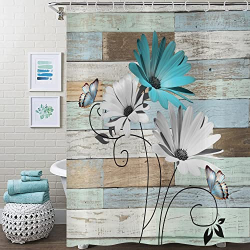 Hnmdmyi Duschvorhang Rustikaler Blumen 120x200, Bauernhaus Türkis Gänseblümchen Blume und Schmetterling auf Vintage Holzbrett Badewanne Vorhang Land Scheune Tür Wasserdicht Stoff Waschbar Badevorhang
