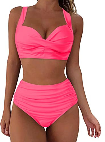 Ainiyo Bikini pour femme, ventre plat, grande poitrine, col en V, motif floral croisé, maillot de bain, bikini deux pièces, taille haute, push-up, pour femme, 2-rose, M