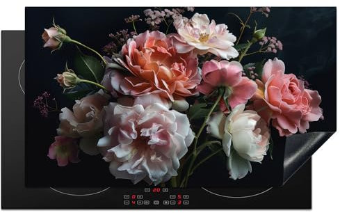 KitchenYeah© Herdabdeckplatte Einteilig Küche Ceranfeld Abdeckplatte Cerankochfeld Abdeckung Induktionskochfeld Schutzmatte Blumen - Rosen - Weiß - Rosa - Botanisch - Pflanzen - 91.6x52.7 cm