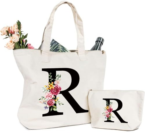 Tragetasche und Kosmetiktasche mit Initial, Canvas Einkaufstasche mit Reißverschluss, Personalisiert Initialen Baumwolltasche Geschenk für Freundin Frau Mama Schwester Geburtstag Hochzeit Muttertag R