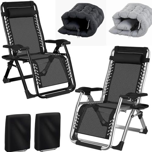 Fiutazge 2Pcs 72cm Largeur Transat Jardin Exterieur avec Coussin Rembourré, appuie-tête, Porte-gobelet,Chaise Longue Pliante avec Dossier réglable pour Balcon,Plage,Terrasse-(Noir + Silver)