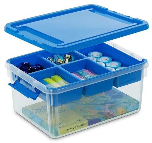 Citylife 16L Plastic Storage Boxes with Removable Tray Clear Plastic Box large Storage Box with Lid Stackable Storage Boxes for Organizing Bead,Blue